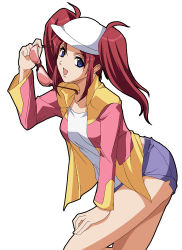 Rule 34 | 00s, 1girl, arm support, blue eyes, gundam, gundam seed, gundam seed destiny, hat, leaning forward, legs, long sleeves, looking at viewer, meyrin hawke, red hair, shiikeru, short shorts, shorts, simple background, smile, solo, sunglasses, twintails, white background