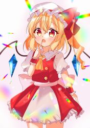 Rule 34 | 1girl, absurdres, ascot, back bow, blonde hair, bow, collared shirt, cowboy shot, crystal, finger to mouth, flandre scarlet, frilled shirt collar, frilled skirt, frilled sleeves, frills, hair between eyes, hat, hat bow, highres, index finger raised, iris (airisu495), large bow, layered skirt, looking at viewer, medium hair, mob cap, one side up, open mouth, puffy short sleeves, puffy sleeves, red bow, red eyes, red ribbon, red skirt, red vest, ribbon, ribbon-trimmed headwear, ribbon trim, shirt, short sleeves, simple background, skirt, solo, touhou, vest, white background, white hat, white shirt, wings, wrist cuffs, yellow ascot