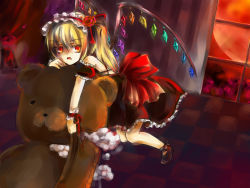 Rule 34 | 1girl, adapted costume, blonde hair, erzihua guimao, fang, female focus, flandre scarlet, hair between eyes, long hair, open mouth, red eyes, red wrist cuffs, solo, stuffed animal, stuffed toy, teddy bear, touhou, wings, wrist cuffs, yumioni
