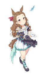 Rule 34 | animal ears, asymmetrical gloves, asymmetrical sleeves, black dress, boots, commentary request, cosplay request, dress, extra ears, feathers, forehead, frilled dress, frilled skirt, frills, full body, gloves, hair ornament, hands up, highres, horse ears, horse girl, horse tail, idolmaster, idolmaster cinderella girls, legs, light blush, long hair, looking up, red eyes, seki hiromi, skirt, smile, tail, thighs, uccow, umamusume, uneven sleeves, wavy hair, white background, white skirt
