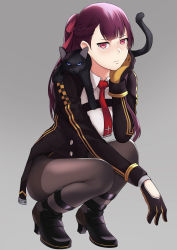 Rule 34 | 1girl, animal, animal on shoulder, bbk (13zk), black footwear, black pantyhose, black skirt, blazer, blush, breasts, cat, cat on shoulder, full body, girls&#039; frontline, gloves, hair ribbon, half updo, head on hand, high-waist skirt, highres, jacket, large breasts, long hair, looking at viewer, necktie, one side up, pantyhose, pelvic curtain, purple hair, red eyes, red necktie, ribbon, shirt, shoes, simple background, skirt, solo, squatting, thighs, very long hair, wa2000 (girls&#039; frontline)