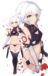 Rule 34 | 1girl, arm belt, bandaged arm, bandages, bare shoulders, belt buckle, black gloves, black panties, black thighhighs, blood, blood splatter, boots, breasts, buckle, closed mouth, commentary request, convenient arm, crop top, cropped legs, dagger, fate/grand order, fate (series), fingerless gloves, from side, gloves, gluteal fold, green eyes, highres, holding, holding dagger, holding knife, holding weapon, holster, jack the ripper (fate/apocrypha), knife, looking at viewer, mku, multiple views, navel, no pants, open mouth, panties, panty pull, pulling own clothes, short hair, shoulder tattoo, simple background, single glove, small breasts, standing, stomach, tattoo, thigh boots, thigh holster, thighhighs, tongue, underwear, weapon, white background, white hair