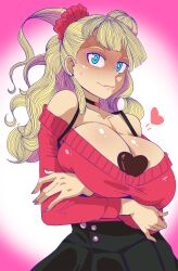 Rule 34 | 1girl, absurdres, asymmetrical hair, bare shoulders, between breasts, black skirt, blonde hair, blue eyes, breasts, candy, chocolate, chocolate heart, choker, cleavage, closed mouth, collarbone, cowboy shot, crossed arms, ecchipoo, food, galko, gradient background, hair bun, hair ornament, hair scrunchie, heart, highres, huge breasts, lips, long sleeves, looking at viewer, oshiete! galko-chan, pink background, purple nails, red sweater, scrunchie, shiny skin, side ponytail, skirt, solo, standing, sweat, sweater, traced, white background