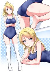 Rule 34 | 1girl, :o, ass, ayase eli, bare arms, bare shoulders, barefoot, blue background, blue eyes, blue one-piece swimsuit, blush, breasts, collarbone, crossed arms, full body, gluteal fold, hair down, halftone, halftone background, long hair, looking at viewer, love live!, love live! school idol project, lying, medium breasts, multiple views, on stomach, one-piece swimsuit, parted lips, ponytail, sidelocks, standing, swept bangs, swimsuit, thighhighs, v-shaped eyebrows, water, wet, white thighhighs, yopparai oni
