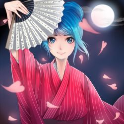 Rule 34 | 1girl, alternate hairstyle, asanome, blue eyes, blue hair, full moon, hand fan, hatsune miku, holding, japanese clothes, looking at viewer, matching hair/eyes, moon, nail polish, petals, smile, solo, vocaloid, wind