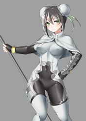Rule 34 | 1girl, black hair, bodysuit, breasts, bun cover, capelet, chinese clothes, covered navel, double bun, fate/grand order, fate (series), fingerless gloves, gloves, green eyes, grey background, hair bun, highres, holding, holding staff, looking at viewer, md5 mismatch, medium breasts, qin liangyu (fate), resolution mismatch, short hair, simple background, solo, source larger, staff, standing, white capelet, z-jun.dd-zhong