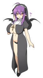 Rule 34 | 1girl, ahoge, arm at side, black dress, black footwear, black panties, black wings, blush, breasts, center opening, cleavage, closed mouth, cross, cross necklace, demon horns, demon wings, dress, full body, habit, hair between eyes, half-closed eyes, hand up, heart, horns, huge breasts, jewelry, legs together, mofuaki, mole, mole under mouth, navel, necklace, no socks, nun, original, panties, puffy short sleeves, puffy sleeves, purple eyes, purple hair, shoes, short hair with long locks, short sleeves, sidelocks, simple background, smile, solo, standing, underwear, white background, wings