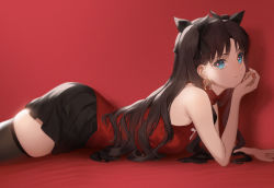 Rule 34 | 1girl, adapted costume, black hair, black thighhighs, blue eyes, brown hair, earrings, fate/stay night, fate (series), hair ribbon, jewelry, long hair, lying, nail polish, pleated skirt, red background, ribbon, siino, skindentation, skirt, sleeveless, sleeveless turtleneck, smile, solo, thighhighs, tohsaka rin, turtleneck, two side up