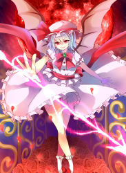 Rule 34 | 1girl, bat wings, blue hair, bow, brooch, hat, hat bow, highres, jewelry, mimoto (aszxdfcv), moon, polearm, red eyes, red moon, remilia scarlet, solo, spear, touhou, weapon, wings