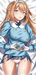 Rule 34 | 1girl, bad id, bad pixiv id, belt, blonde hair, blue eyes, blue jacket, blue shirt, blush, breasts, buttons, collared shirt, damaged, double-breasted, fary5, fur-trimmed jacket, fur trim, girls&#039; frontline, gluteal fold, hair between eyes, hair ornament, hairband, heart, heart-shaped pupils, heart hands, highres, jacket, long hair, long sleeves, looking at viewer, lying, medium breasts, on back, on bed, open mouth, panties, shirt, sidelocks, skirt, snowflake hair ornament, solo, suomi (girls&#039; frontline), symbol-shaped pupils, taut clothes, thighhighs, torn clothes, torn skirt, underwear, white panties, white thighhighs, yes