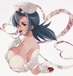 Rule 34 | 1girl, blue hair, breasts, candy, character name, chocolate, collarbone, eyepatch, food, gloves, hair over one eye, hat, heart, large breasts, looking at viewer, mask, mask pull, nurse cap, ponytail, red eyes, saichuu (more1208), scar, skullgirls, smile, solo, upper body, valentine, valentine (skullgirls), white background