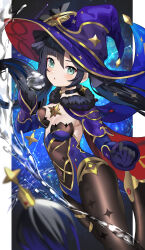 Rule 34 | 1girl, absurdres, aqua eyes, asymmetrical bangs, black choker, black gloves, black hair, black ribbon, blue leotard, blue sky, blush, bodysuit, bodysuit under clothes, border, breasts, brown bodysuit, brown footwear, cape, choker, commentary, constellation, covered navel, crescent, crescent hat ornament, detached sleeves, earrings, english commentary, fur collar, genshin impact, gloves, gradient sky, hair between eyes, hair ornament, hair ribbon, hands up, hat, hat ornament, hat ribbon, highres, jewelry, leotard, long hair, long sleeves, looking at viewer, magic, medium breasts, mona (genshin impact), night, night sky, open mouth, outside border, purple cape, purple hat, red cape, red hat, ribbon, shoes, sidelocks, sky, solo, space, star (sky), star (symbol), star choker, star earrings, star hair ornament, star hat ornament, starry sky, twintails, two-tone cape, two-tone headwear, water, white border, witch hat, yuujin (yuzinn333)