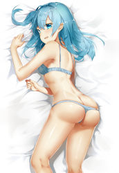 Rule 34 | 1girl, absurdres, ass, back, bare arms, bare back, bare shoulders, blue bra, blue eyes, blue hair, blue panties, blush, bra, breasts, embarrassed, feet out of frame, from above, from behind, highres, illian-san, kneepits, looking back, lying, on stomach, open mouth, original, panties, panty pull, raised eyebrows, shiny skin, skindentation, small breasts, solo, underwear, underwear only, wavy mouth