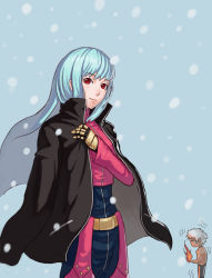 Rule 34 | 1boy, 1girl, belt, blue hair, borrowed clothes, chaps, chibi, chibi inset, cold, diestro, gloves, jacket, jacket on shoulders, k&#039; (kof), kula diamond, light smile, long hair, red eyes, topless male, snow, solo focus, the king of fighters, trembling