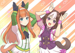 Rule 34 | 2girls, absurdres, animal ears, arms up, black bow, black gloves, blue eyes, bow, carrot print, closed mouth, commentary request, cowboy shot, cropped jacket, ear bow, ear covers, food print, gloves, hair between eyes, hairband, highres, hime cut, horse ears, horse girl, horse tail, jacket, layered sleeves, long hair, looking at viewer, multicolored clothes, multicolored jacket, multiple girls, nankanashi, open clothes, open jacket, open mouth, orange hair, petticoat, pink wristband, pleated skirt, purple bow, purple eyes, purple jacket, purple shirt, rabbit pose, shirt, short hair, silence suzuka (umamusume), skirt, smile, special week (umamusume), striped, striped background, tail, teeth, two-tone jacket, umamusume, upper teeth only, white hairband, white jacket, white shirt, white skirt, wristband