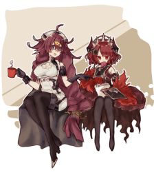 Rule 34 | 2girls, :o, antenna hair, asymmetrical gloves, black footwear, black gloves, boots, braid, breasts, character request, cleavage, coffee mug, cup, dorothy (sinoalice), dress, drinking, elbow gloves, full body, glasses, gloves, hair between eyes, hair ornament, hairpin, hat, highres, holding, holding cup, holding paper, invisible chair, long hair, merry-san, mug, multiple girls, nurse cap, open mouth, paper, purple eyes, purple hair, reading, red dress, red eyes, red hair, short hair, sinoalice, sitting, sleeveless, sleeveless dress, teeth, thigh boots, thighhighs, twin braids, uneven gloves, white dress