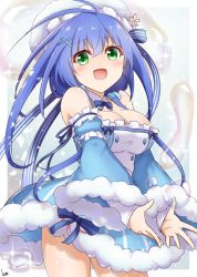 Rule 34 | 1girl, blue bow, blue hair, blue sleeves, bow, bowtie, breasts, cleavage, cowboy shot, detached collar, detached sleeves, dress, dress bow, flower knight girl, frills, hair ornament, hat, hat bow, kimukimu, large breasts, legs apart, shabonsou (flower knight girl), shiny skin, short hair with long locks, signature, solo, standing, striped bow, striped clothes, striped dress, vertical-striped clothes, vertical-striped dress, water, x hair ornament
