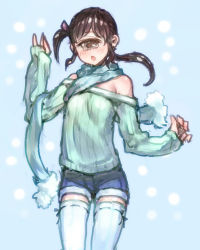 Rule 34 | 1girl, bad id, bad pixiv id, bare shoulders, brown hair, c.cu, cyclops, monster girl, off shoulder, one-eyed, original, ribbed sweater, scarf, shorts, sleeves past wrists, solo, sweater, thighhighs, zettai ryouiki