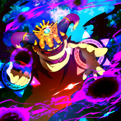 Rule 34 | attack, belt, belt buckle, belt collar, blue background, blue horns, buckle, cape, collar, commentary request, covered mouth, crown, darkness, disembodied hand, gleam, gloves, highres, horns, kirby (series), large horns, looking at viewer, magic, magolor, master crown, multicolored horns, nintendo, no humans, outstretched arm, purple belt, purple horns, rayman limbs, red cape, red eyes, scarf, shirushiki, solid eyes, solo, space, two-tone horns, v-shaped eyes, white gloves, white scarf, yellow headwear
