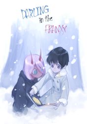 Rule 34 | 10s, 1boy, 1girl, black hair, black robe, blue eyes, coat, colored skin, darling in the franxx, green eyes, highres, hiro (darling in the franxx), horns, nygd4352, pink hair, red skin, robe, short hair, snow, snowing, winter, winter clothes, winter coat, zero two (darling in the franxx)