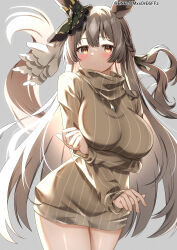 Rule 34 | 1girl, absurdres, alternate costume, animal ears, blush, bow, braid, breasts, brown hair, brown sweater, closed mouth, commentary request, ear ribbon, green ribbon, grey background, highres, horse ears, horse girl, horse tail, large breasts, long hair, long sleeves, looking at viewer, orange eyes, ribbon, satono diamond (umamusume), simple background, solo, sweater, tail, thighs, turtleneck, turtleneck sweater, twitter username, umamusume, vertical-striped sweater, very long hair, yamano rokamizu