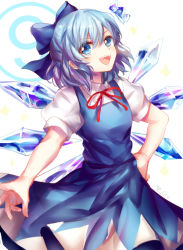 Rule 34 | circled 9, 1girl, bad id, bad pixiv id, blue dress, blue eyes, blue hair, bow, cirno, dress, fairy wings, hair bow, ice, ice wings, matching hair/eyes, open mouth, puffy short sleeves, puffy sleeves, red ribbon, ribbon, short hair, short sleeves, sketch, solo, touhou, wings, yuli (yulipo)