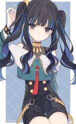Rule 34 | 1388chan, 1girl, alternate hairstyle, black eyes, black hair, blue background, blue hair, blunt bangs, border, buttons, closed mouth, colored inner hair, commentary request, facial mark, fate/grand order, fate (series), highres, invisible chair, long hair, long sleeves, looking at viewer, multicolored hair, outside border, simple background, sitting, solo, tenochtitlan (fate), tenochtitlan (second ascension) (fate), twintails, twitter username, two-tone hair, wavy hair, white border