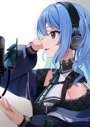 Rule 34 | 1girl, absurdres, arm up, blue eyes, blue hair, blue jacket, choker, facing to the side, from side, hand up, headphones, highres, hololive, hoshimachi suisei, hoshimachi suisei (streetwear), jacket, leo (f mmmnkm paint), long hair, looking ahead, microphone, neck ribbon, off shoulder, open mouth, pop filter, profile, ribbon, shirt, sidelocks, sleeveless, sleeveless shirt, solo, star (symbol), star in eye, symbol in eye, upper body, virtual youtuber, wavy hair, wire