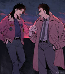Rule 34 | 2boys, backlighting, belt, black belt, black eyes, black hair, bomber jacket, brown coat, cigarette, cloud, coat, collared shirt, commentary request, endou yuuji, facial hair, feet out of frame, goatee, grey jacket, grey necktie, grey pants, grey shirt, hand in pocket, inudori, itou kaiji, jacket, kaiji, long hair, looking at another, male focus, medium bangs, multiple boys, necktie, open clothes, open coat, open jacket, open mouth, pants, parted bangs, patch, pink sky, profile, shirt, short bangs, short hair, sky, smile, smoke, smoking, sunglasses, sunset, teeth, upper teeth only, very short hair