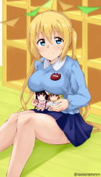 Rule 34 | 1girl, bad id, bad pixiv id, blend s, blonde hair, blue eyes, blue shirt, blue skirt, blush, breasts, character doll, closed mouth, collared shirt, commentary request, doll, hair between eyes, hinata kaho, holding, holding doll, hoshikawa mafuyu, indoors, kindergarten uniform, knees together feet apart, large breasts, long hair, looking at viewer, on floor, pennant, pleated skirt, sakuranomiya maika, shirt, shoe lockers, sidelocks, sitting, skirt, smile, solo, string of flags, tasora, twintails, twitter username, very long hair