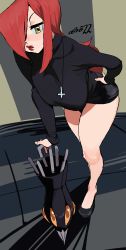 Rule 34 | 1girl, absurdres, breasts, cross, cross necklace, hair over one eye, hand on own hip, highres, jewelry, large breasts, leaning forward, lipstick, long hair, makeup, necklace, parasoul (skullgirls), red hair, skirt, skullgirls, solo, sweater, umbrella, whoopsatro, yellow eyes