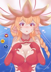 Rule 34 | 1girl, absurdres, blonde hair, blush, braid, breasts, charybdis (granblue fantasy), cleavage, granblue fantasy, highres, nervous, open mouth, red eyes, solo