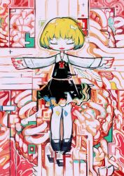 Rule 34 | 1girl, abstract, ascot, bad id, bad twitter id, black skirt, blonde hair, bow, closed eyes, collared shirt, fangs, floating, full body, hair bow, hair ribbon, highres, hito (nito563), long sleeves, outstretched arms, red ascot, red bow, red ribbon, ribbon, rumia, shirt, short hair, skirt, smile, solo, spread arms, thighhighs, touhou, white thighhighs, zettai ryouiki