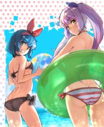 Rule 34 | 2girls, ass, back, ball, beachball, bikini, black bikini, blue eyes, blue hair, blue ribbon, blue sky, bob cut, butt crack, chikuwa (tks), closed mouth, commentary request, day, from behind, grin, hair ribbon, halterneck, highres, holding, holding ball, holding swim ring, innertube, looking at viewer, looking back, medium hair, multiple girls, ocean, omega rei, omega rio, omega sisters, outdoors, purple hair, red bikini, red ribbon, ribbon, short hair, side-tie bikini bottom, sky, smile, standing, star (symbol), starry background, striped bikini, striped clothes, swim ring, swimsuit, twintails, virtual youtuber, yellow eyes