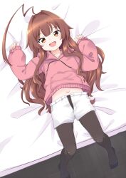 Rule 34 | 1girl, ahoge, bed, black pantyhose, brown eyes, brown hair, cowboy shot, fang, female focus, from above, hair intakes, hood, hooded sweater, huge ahoge, kantai collection, kuma (kancolle), long hair, looking at viewer, lying, nassukun, navel, official alternate costume, on back, on bed, open clothes, open fly, open mouth, pantyhose, pink sweater, shorts, smile, solo, sweater, white shorts