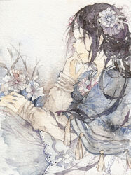 Rule 34 | 1girl, black hair, branch, chinese clothes, closed mouth, dress, flower, from side, grey background, grey eyes, hair flower, hair ornament, holding, holding flower, long hair, long sleeves, original, painting (medium), profile, sitting, smile, solo, tassel, traditional media, watercolor (medium), ynoki