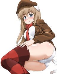 Rule 34 | 1girl, animal ears, blush, brown hair, cameltoe, hat, jacket, leather, leather jacket, long hair, panties, red thighhighs, scarf, simple background, smile, solo, strike witches, strike witches: katayoku no majo-tachi, striped clothes, striped thighhighs, tail, thighhighs, underwear, white panties, wilma bishop, world witches series, youkan