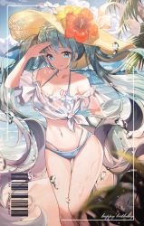 Rule 34 | 1girl, aqua eyes, aqua hair, bad id, bad twitter id, barcode, bikini, blue bikini, border, cloud, collarbone, flower, halterneck, hand to forehead, hat, hat flower, hatsune miku, hibiscus, highres, icebox46, innertube, long hair, looking at viewer, navel, off shoulder, palm tree, see-through, shirt, sky, smile, solo, sun hat, swim ring, swimsuit, thigh gap, tied shirt, tongue, tongue out, tree, twintails, very long hair, vocaloid, water, water drop