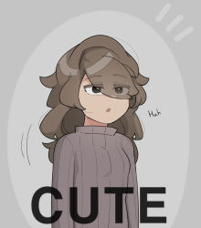 Rule 34 | 1girl, brown eyes, brown hair, commentary request, english text, eyes visible through hair, grey background, highres, korean commentary, long hair, long sleeves, oddsnail, open mouth, original, simple background, solo, sweater
