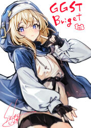 1boy absurdres androgyne_symbol black_gloves black_skirt blonde_hair blue_eyes bridget_(guilty_gear) character_name fingerless_gloves gloves guilty_gear guilty_gear_strive habit highres hood hood_up hooded_jacket hoodie index_finger_raised jacket long_sleeves looking_at_viewer male_focus medium_hair open_clothes open_hoodie pleated_skirt pointing pointing_at_self puffy_long_sleeves puffy_sleeves sieles_(sero-sero) skirt trap