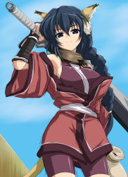 Rule 34 | 1girl, animal ear fluff, animal ears, bare shoulders, blue hair, braid, breasts, collar, cowboy shot, fingerless gloves, gloves, half-closed eyes, highres, holding, holding sword, holding weapon, karulau, large breasts, long hair, metal collar, off shoulder, shirosame, sketch, smile, solo, split mouth, standing, sword, tail, tiger ears, tiger tail, utawarerumono, very long hair, weapon