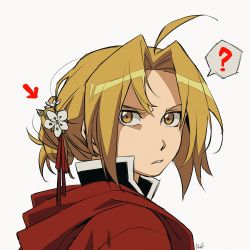 Rule 34 | 1boy, ?, absurdres, ahoge, arrow (symbol), blonde hair, cape, collar, commentary, edward elric, english commentary, flower, from side, fullmetal alchemist, hair flower, hair ornament, hair ribbon, highres, hood, hood down, hooded cape, looking at viewer, male focus, maro (lij512), medium hair, parted bangs, red cape, red ribbon, ribbon, signature, simple background, solo, upper body, white background, white flower, yellow eyes