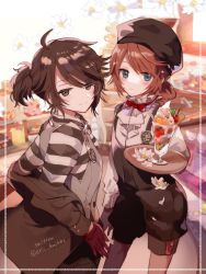 Rule 34 | 2boys, ahoge, alternate costume, black eyes, blue eyes, blush, bow, bowtie, brooch, brown hair, cafe, cherry, coat, coat on shoulders, edgar valden, eric knikki, flower, food, fruit, gloves, hat, identity v, indoors, jewelry, long sleeves, looking at viewer, luca balsa, male focus, messy hair, multiple boys, parfait, petals, ponytail, red gloves, red neckwear, shelf, shirt, shorts, spoon, striped clothes, striped shirt, suspender shorts, suspenders, swept bangs, tray, twitter username, vest, wafer stick, whipped cream, white flower