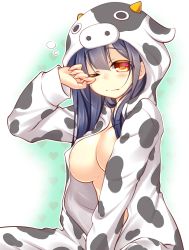 Rule 34 | 1girl, animal hood, animal print, black hair, blush, breasts, brown eyes, covered erect nipples, cow girl, cow print, female focus, gradient background, hood, large breasts, lethe-shion, long hair, looking at viewer, md5 mismatch, one eye closed, open clothes, pajamas, sleepy, solo