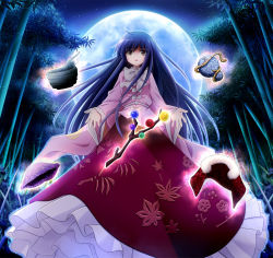 Rule 34 | 1girl, bamboo, bamboo forest, black hair, bowl, branch, female focus, floating, floating object, forest, full moon, houraisan kaguya, jeweled branch of hourai, long hair, md5 mismatch, moon, nature, solo, sui. (ayase), touhou, yellow eyes