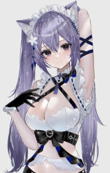 Rule 34 | 1girl, animal ear fluff, animal ears, arm behind head, arm ribbon, arm up, black bow, black gloves, blush, bow, braid, breasts, cat ears, cleavage, cleavage cutout, clothing cutout, criss-cross halter, flower, frilled gloves, frills, genshin impact, gloves, grey background, hair between eyes, hair flower, hair ornament, halterneck, highres, keqing (genshin impact), large breasts, light smile, long hair, looking at viewer, maid, maid headdress, midriff, navel, purple eyes, purple hair, raiya atelier, ribbon, ribbon trim, simple background, solo, turtleneck, twintails, white flower