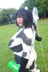Rule 34 | 1girl, animal print, asian, blush, breasts, brown hair, cosplay, cow girl, cow print, fat, highres, huge breasts, luu (cosplayer), obese, photo (medium), solo, thick thighs, thighs