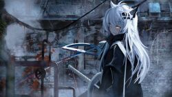 Rule 34 | 1girl, animal ears, arknights, black coat, blood, blood on clothes, blood on face, blood on wall, bloody weapon, brick wall, coat, collared coat, crank, hair ornament, hairclip, high collar, highres, holding, holding sword, holding weapon, indoors, industrial pipe, lappland (arknights), lead pipe, long hair, long sleeves, looking at viewer, orange eyes, scar, scar across eye, science fiction, sentou kouhei kitsune, smile, smirk, solo, standing, steam, sword, turning head, upper body, weapon, white hair, wolf ears, wolf girl