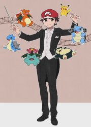 Rule 34 | 1boy, :3, ^ ^, arms up, baseball cap, conductor baton, black footwear, black jacket, black pants, blastoise, blush stickers, bow, bowtie, brown background, brown eyes, brown hair, buttons, cannon, charizard, chibi, chibi inset, claws, closed eyes, closed mouth, conductor, creatures (company), dragon, fangs, flame-tipped tail, flower, formal, full body, game freak, gen 1 pokemon, happy, hat, highres, holding, jacket, lapras, long sleeves, lying, male focus, musical note, nintendo, on back, one eye closed, open clothes, open jacket, open mouth, outline, own hands together, pants, pikachu, pocket square, pokemon, pokemon sm, pumpkinpan, red (pokemon), red flower, red headwear, shirt, shoes, short hair, simple background, smile, snorlax, solo focus, spiked hair, staff (music), standing, starter pokemon trio, tailcoat, traditional bowtie, u u, venusaur, vest, white bow, white bowtie, white outline, white shirt, white vest