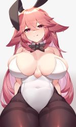 Rule 34 | 1girl, absurdres, animal ears, black bow, black bowtie, black pantyhose, bow, bowtie, breasts, breasts apart, covered navel, detached collar, fake animal ears, fox ears, genshin impact, grey background, hair between eyes, head tilt, highres, large breasts, leotard, licking lips, long hair, looking at viewer, mung (larnec), pantyhose, pink hair, playboy bunny, purple eyes, rabbit ears, simple background, sitting, solo, thighs, tongue, tongue out, very long hair, white leotard, yae miko